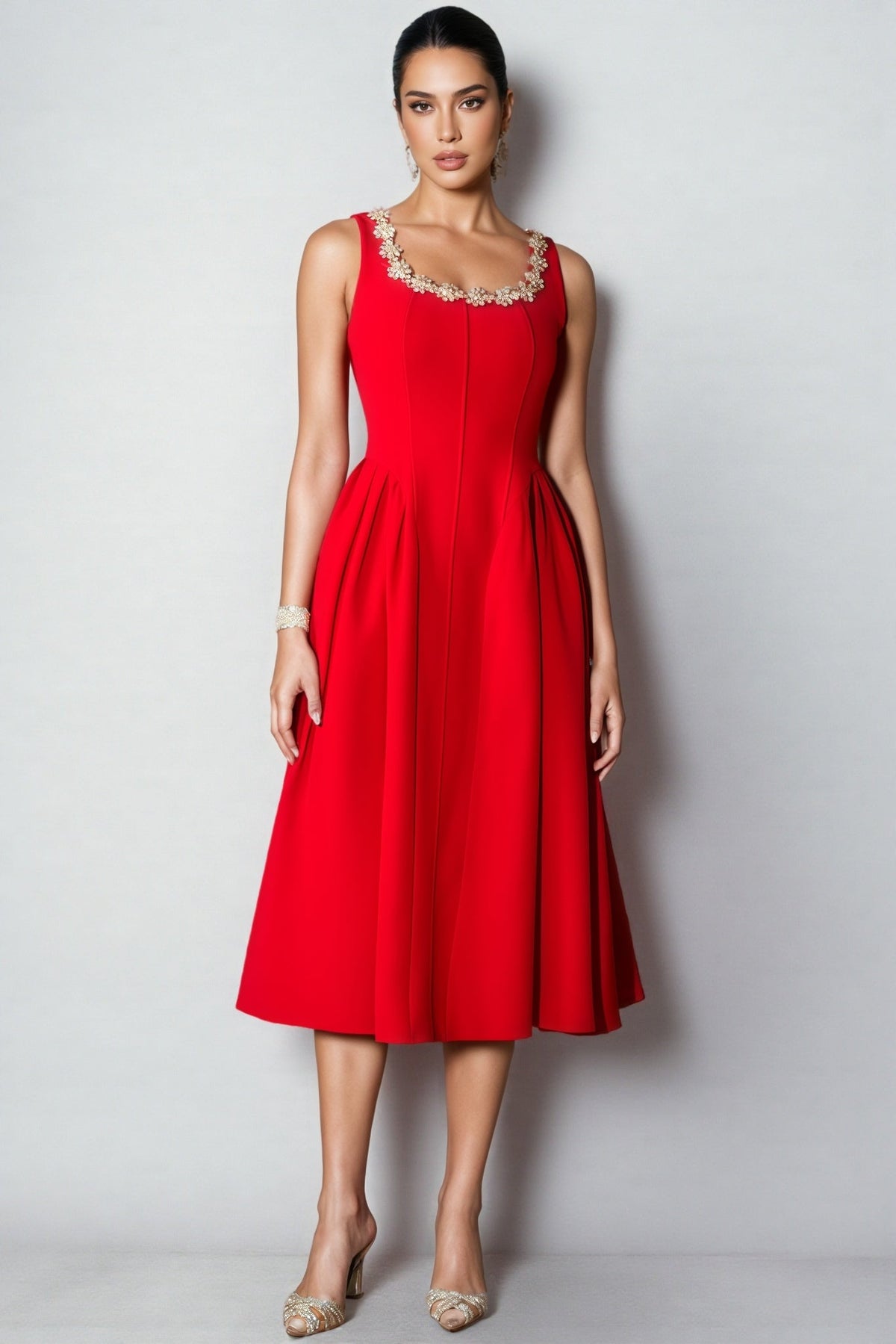 Crystal Trim Scoop Neck Sleeveless Pleated A-Line Midi Dress