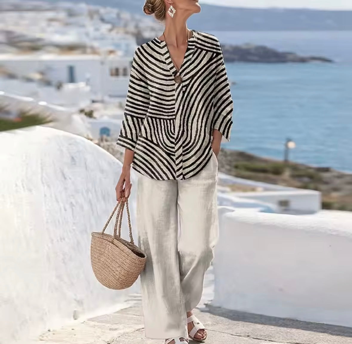 Striped Button Front Shirt and Wide Leg Pants Two Piece Set 4