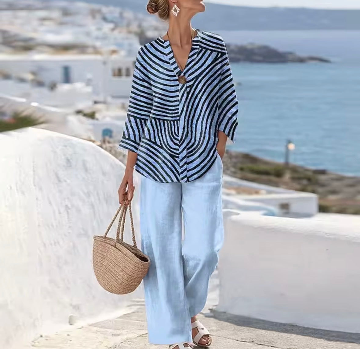 Striped Button Front Shirt and Wide Leg Pants Two Piece Set