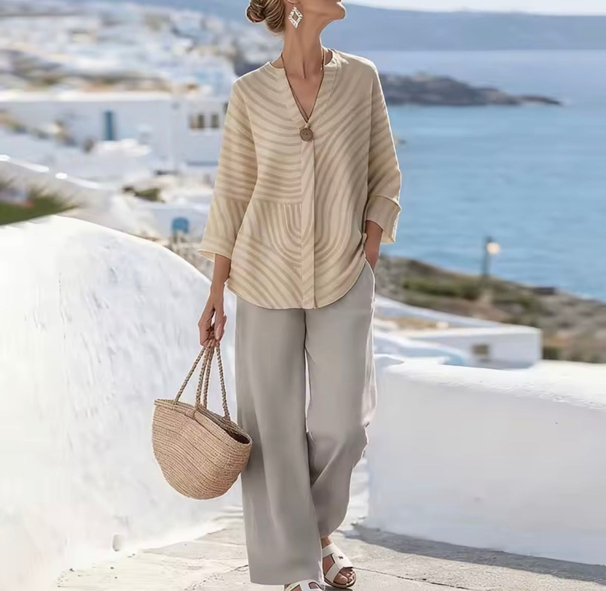 Striped Button Front Shirt and Wide Leg Pants Two Piece Set 2
