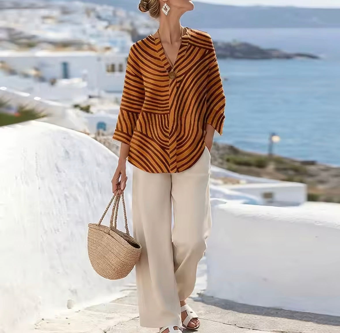 Striped Button Front Shirt and Wide Leg Pants Two Piece Set 5
