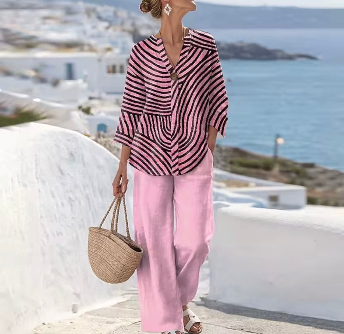 Striped Button Front Shirt and Wide Leg Pants Two Piece Set 3