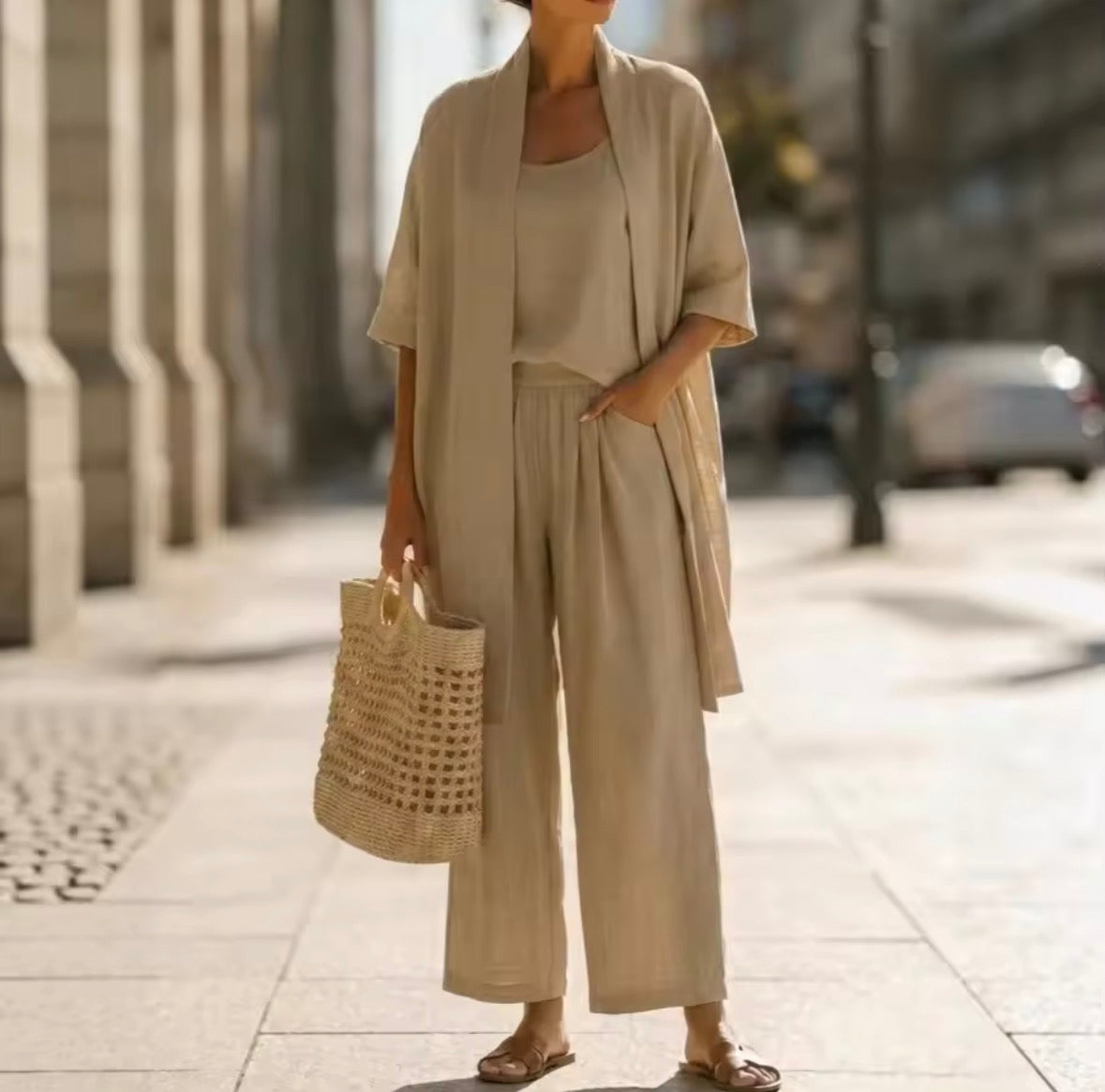 Open Front Cardigan Tank and Wide Leg Pants Three Piece Set 2