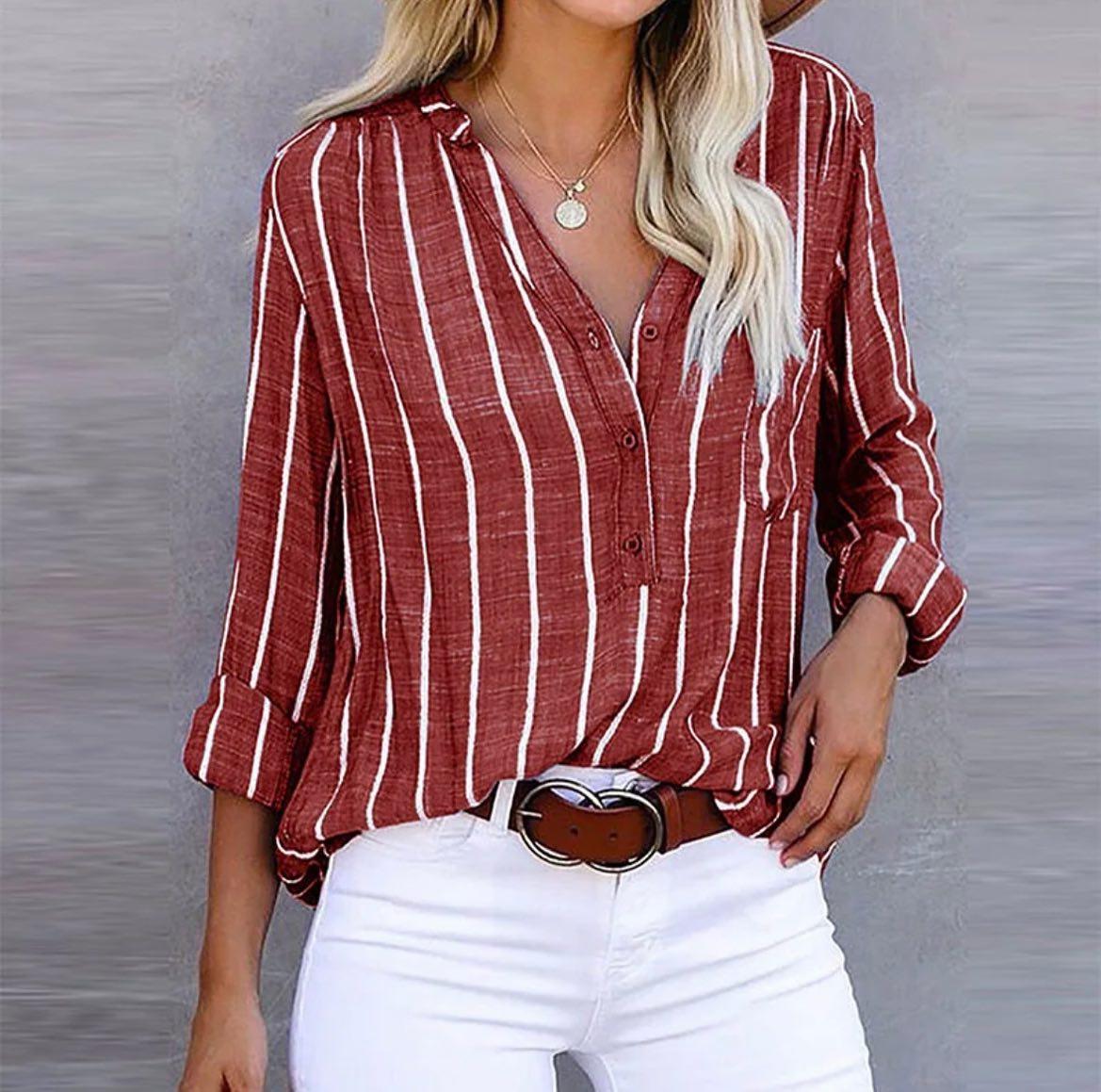 Striped Split Neck Long Sleeve Blouse 2