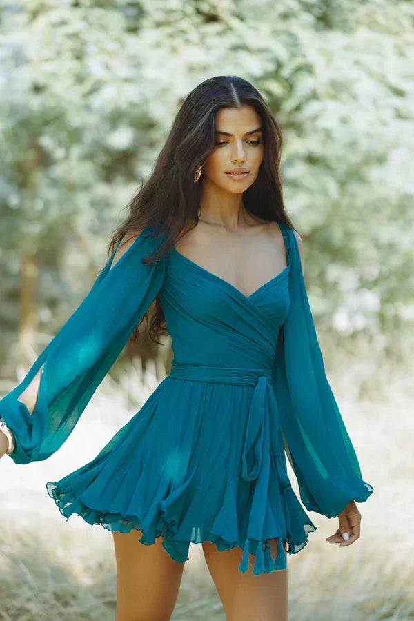 Deep V-Neck Wrap Tie Waist Cape Sleeve Tiered Ruffle Mini Dress - View 6