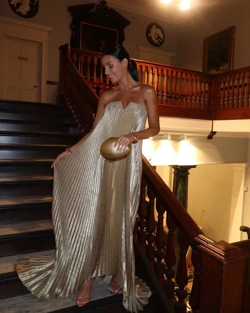 Strapless Sweetheart Pleated Metallic Maxi Dress 4