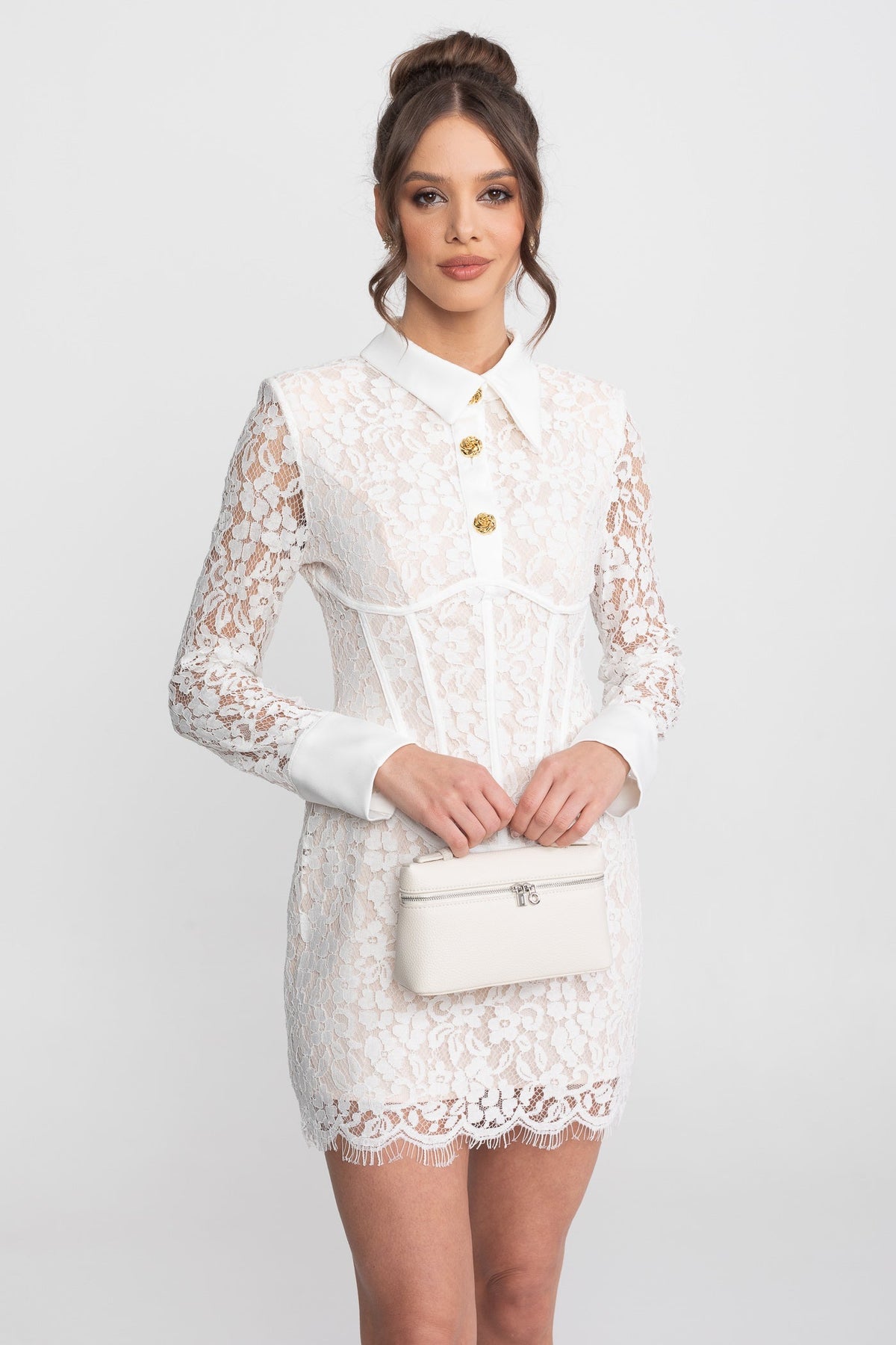 Long Sleeved Lace Mini Dress With Scallop Hem - White - View 4