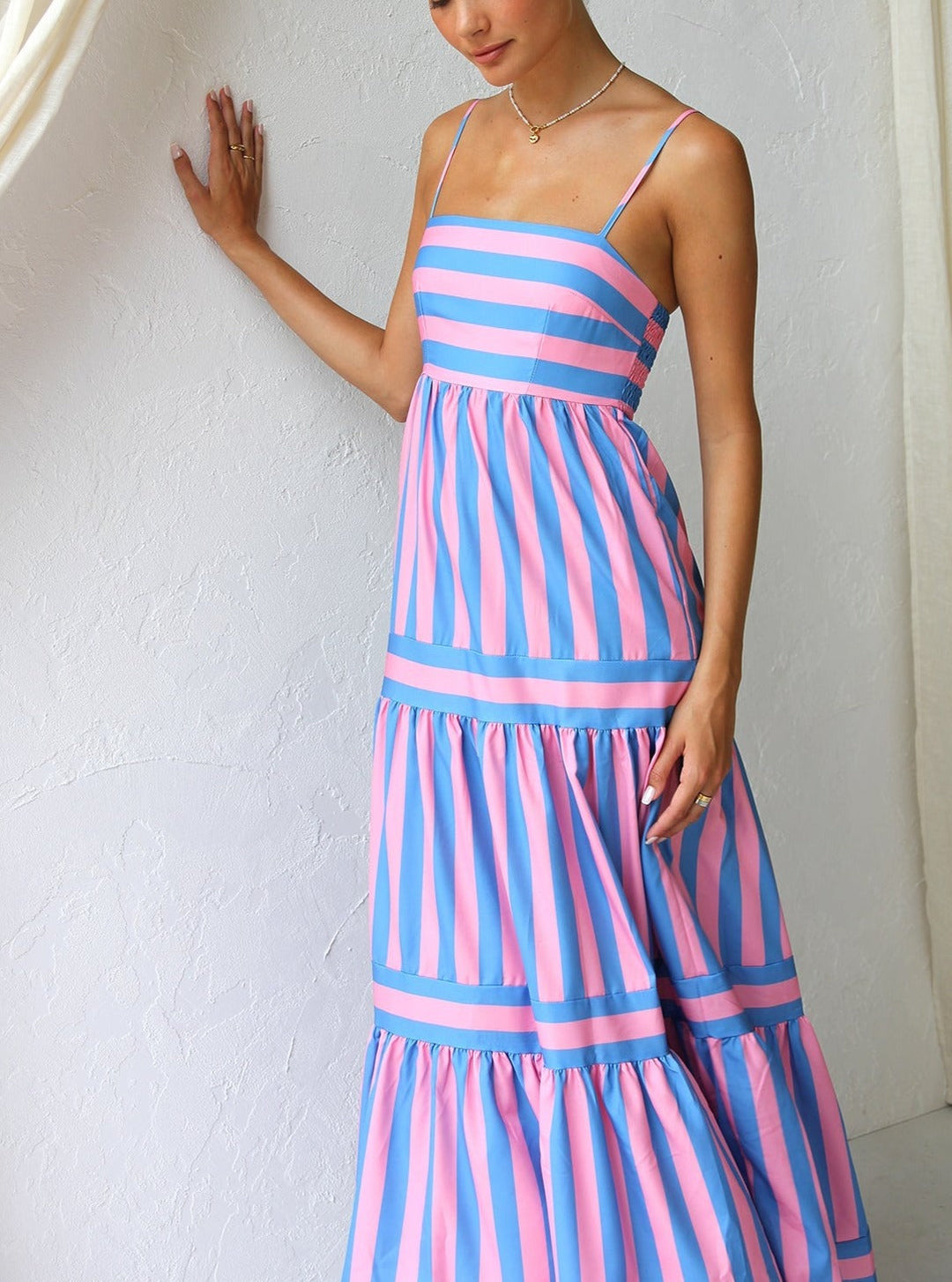 Striped Spaghetti Strap Tiered Maxi Dress Summer 11