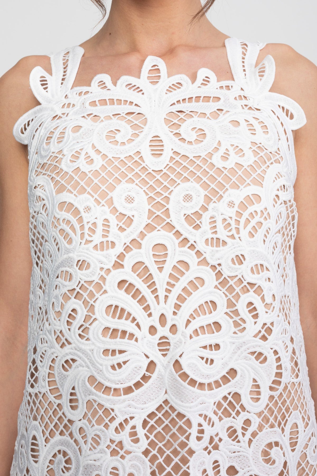 Guipure Lace Sleeveless Mini Dress With Scallop Hem - White - View 10
