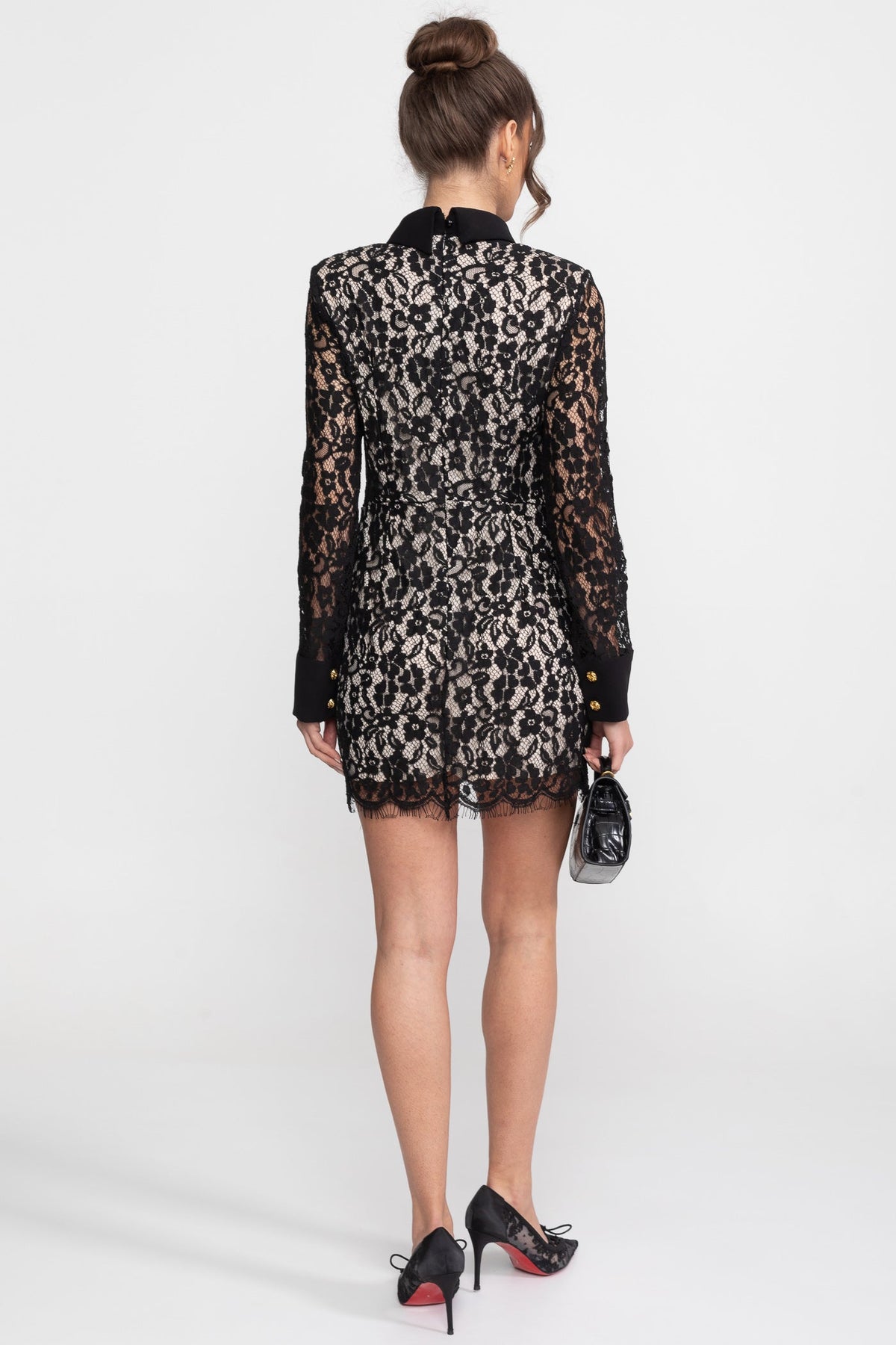 Long Sleeved Lace Mini Dress With Scallop Hem - Black - View 3