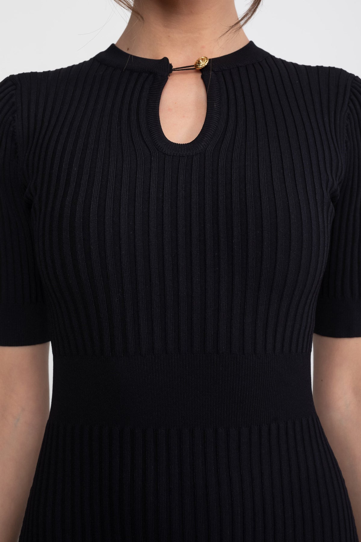 Ribbed Knit Mini Dress With Gold Button Keyhole Neckline - Black - View 8