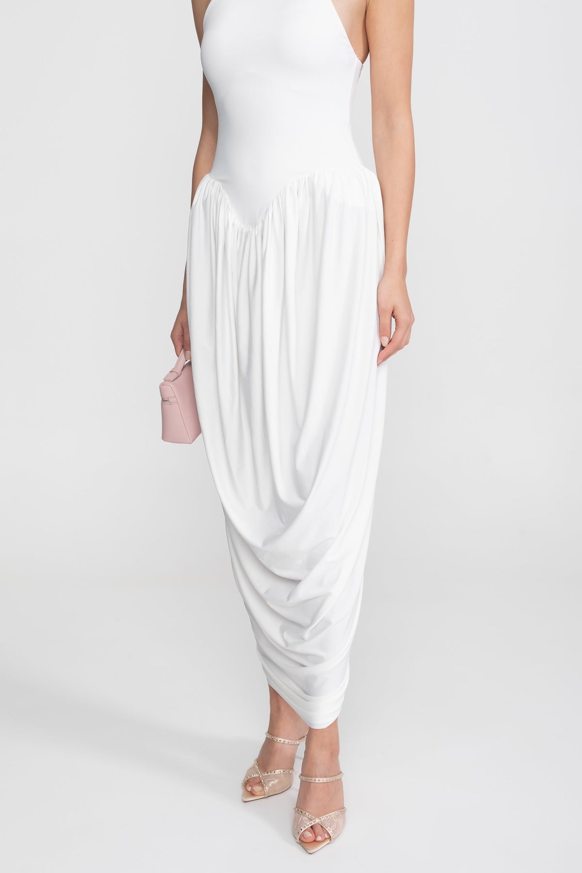Halter-Neck Maxi Dress With Gathered Balloon Skirt - White - View 9