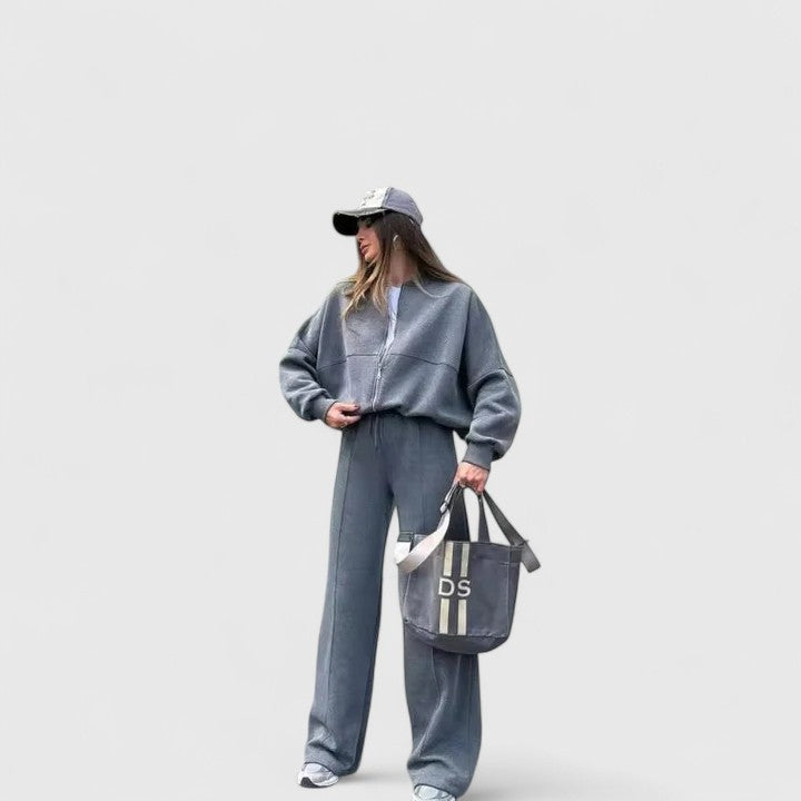 Zip Up Sweatshirt and Wide Leg Pants Two Piece Set