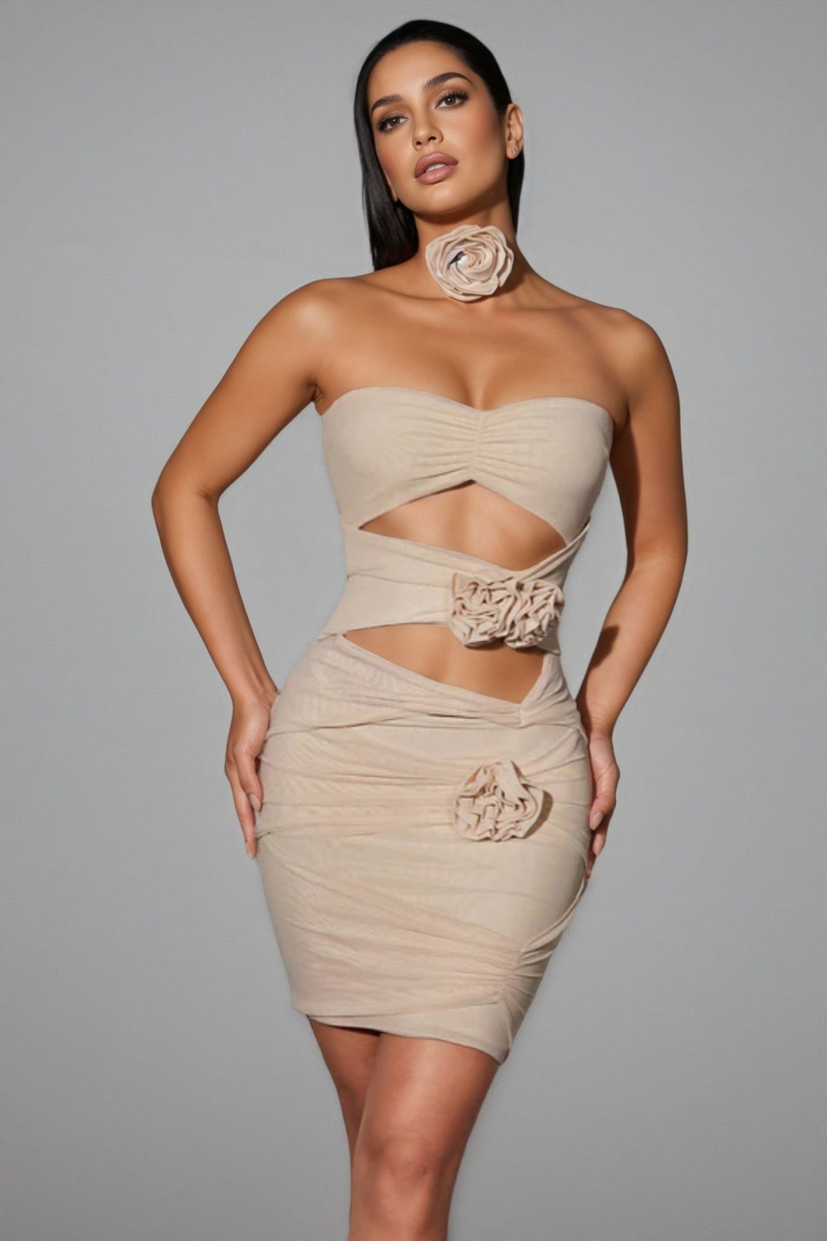 3D Floral Strapless Cut Out Ruched Bodycon Mini Dress - View 4