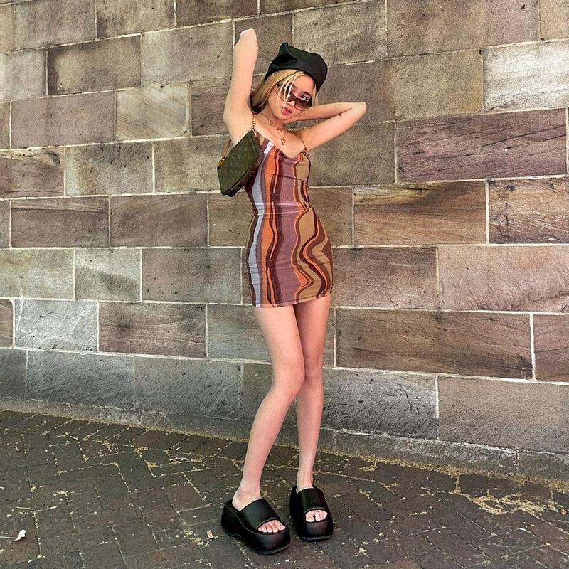 Marble Print Square Neck Spaghetti Strap Bodycon Mini Dress - View 2