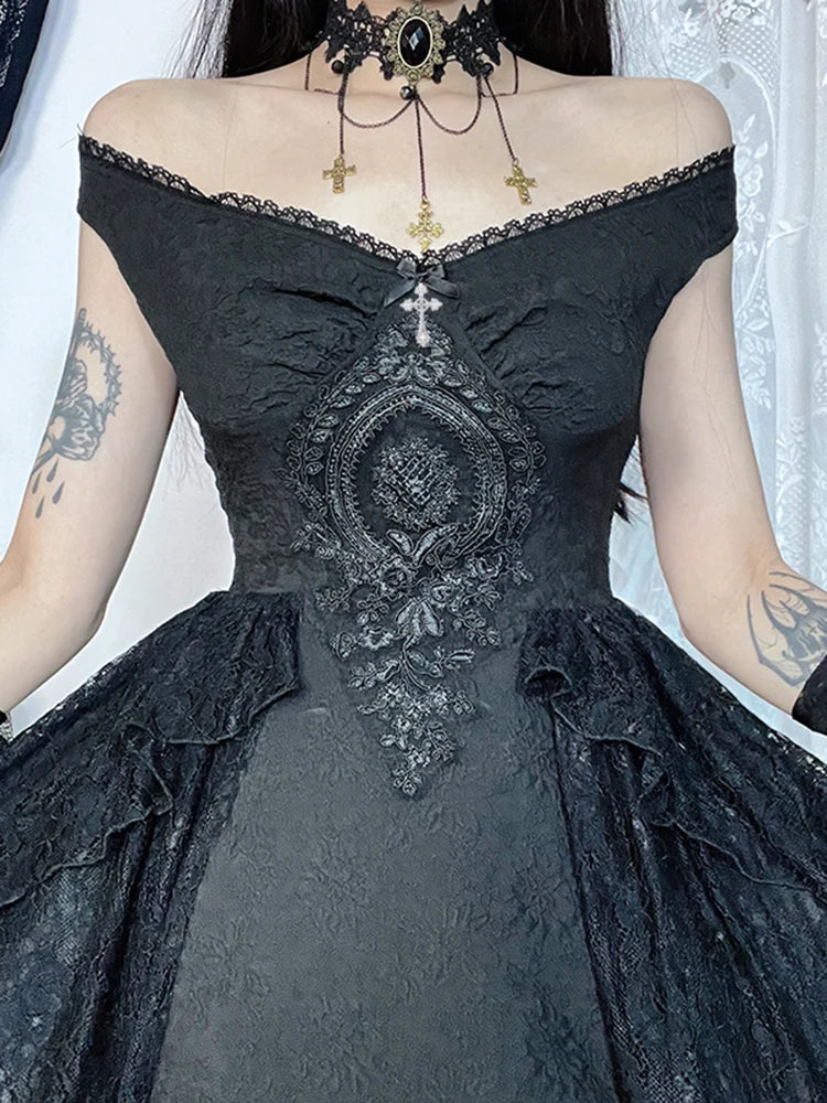 Lace Off Shoulder High Low A-Line Gothic Mini Dress - View 3