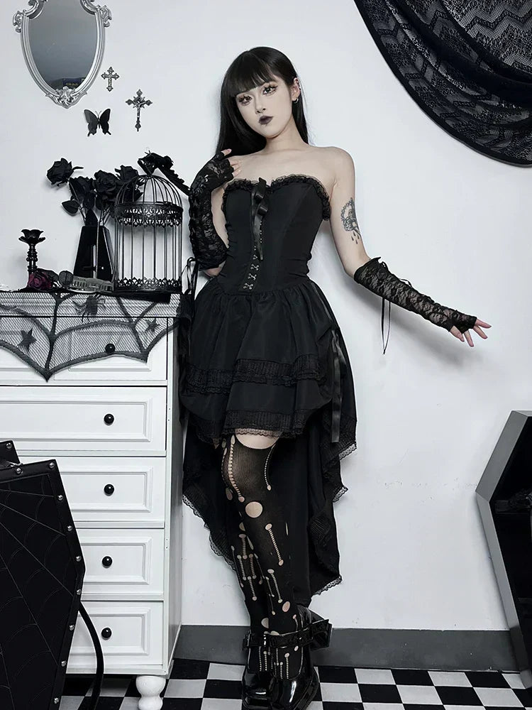 Strapless Corset Lace Trim High Low Ruffle Mini Dress - View 2