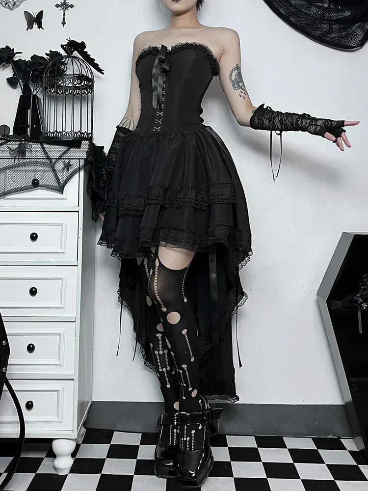 Strapless Corset Lace Trim High Low Ruffle Mini Dress - View 3