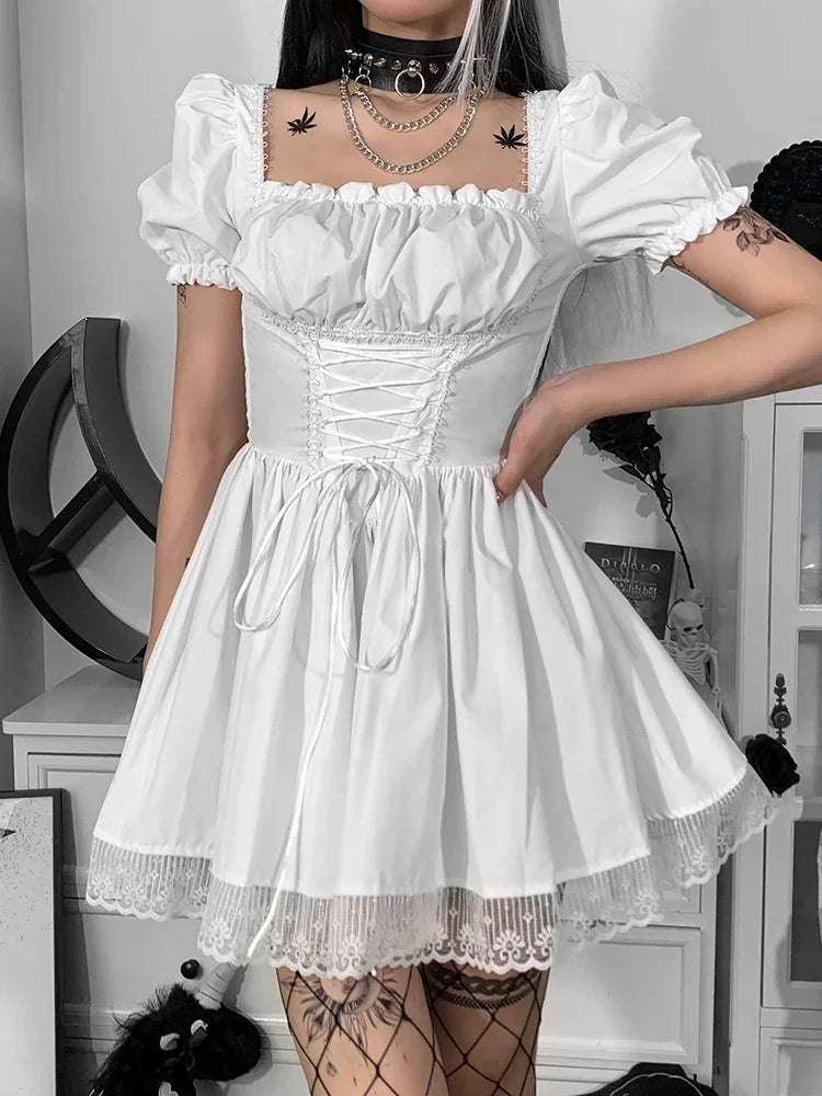 Corset Lace Up Square Neck Puff Sleeve Lace Trim Mini Dress - View 4