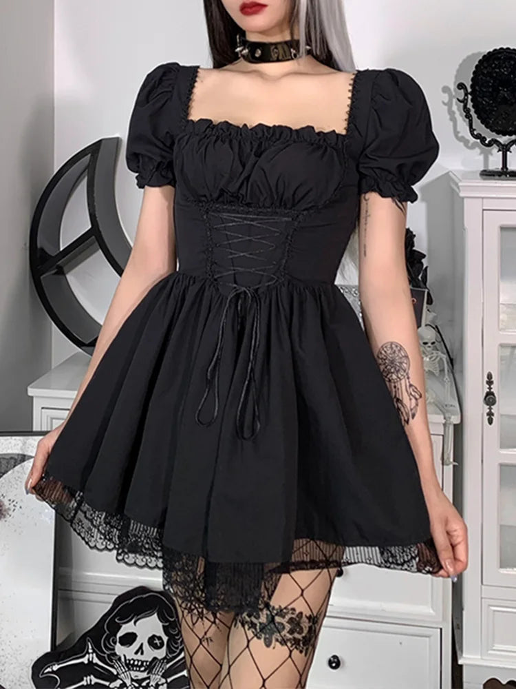 Corset Lace Up Square Neck Puff Sleeve Lace Trim Mini Dress - View 3