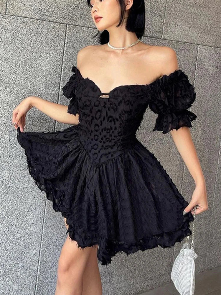 Leopard Off Shoulder Puff Sleeve Corset Ruffle Mini Dress - View 2