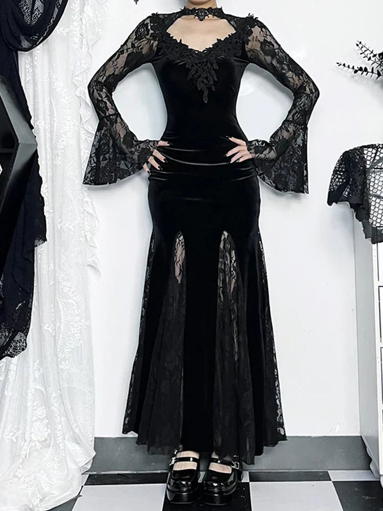 Velvet Deep V-Neck Bell Sleeve Lace Trim Mermaid Maxi Gown - View 5