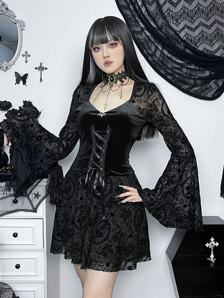 Velvet Sweetheart Bell Sleeve Lace Up Corset Fit and Flare Mini Dress - View 7