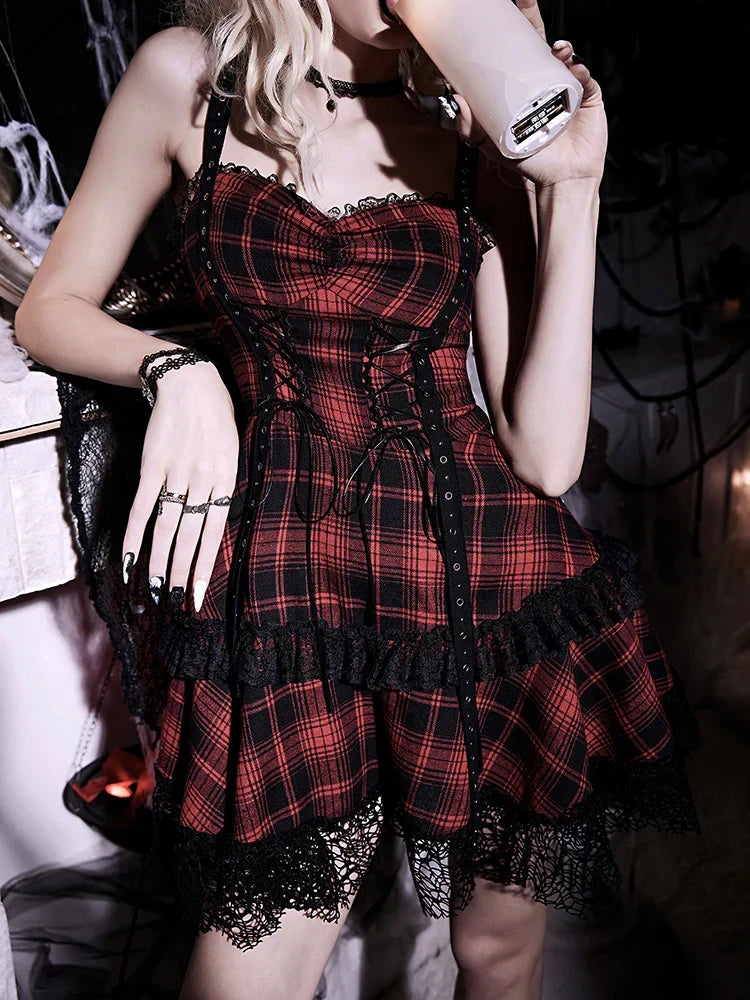 Plaid Corset Lace Up Tiered Ruffle Mini Dress - View 2