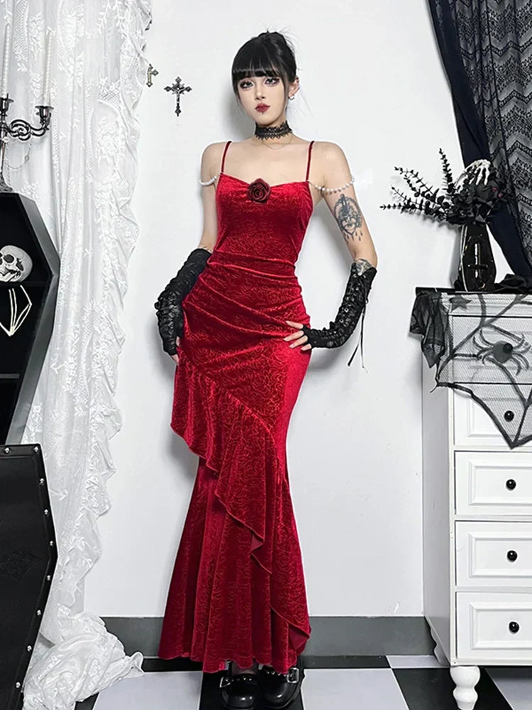 Velvet Spaghetti Strap 3D Rose Ruched Mermaid Maxi Dress - View 2