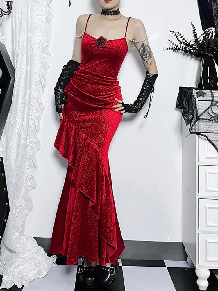 Velvet Spaghetti Strap 3D Rose Ruched Mermaid Maxi Dress - View 4