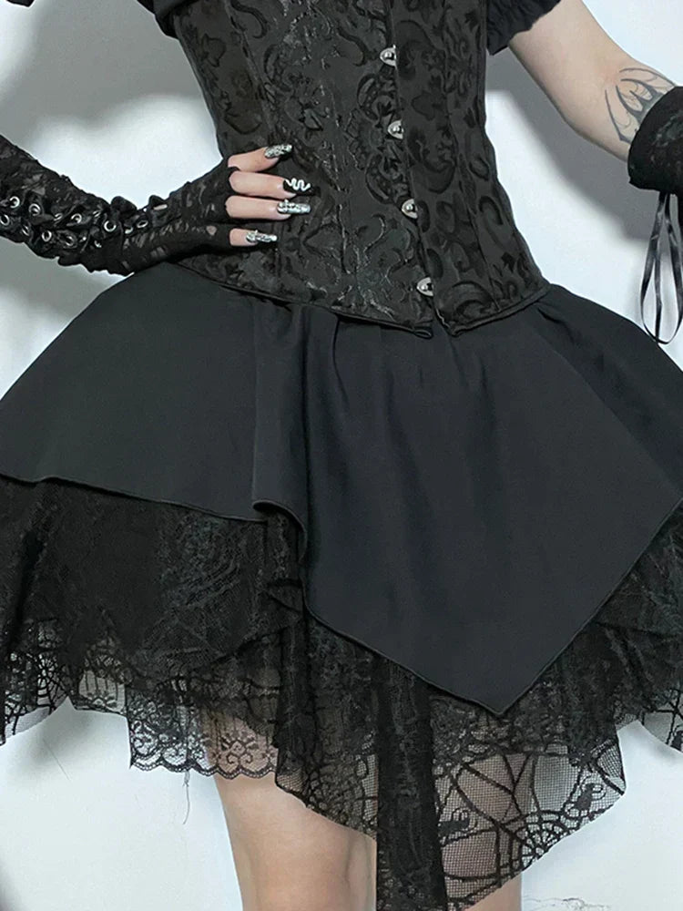Brocade Corset Busk Puff Sleeve Spiderweb Lace Mini Dress - View 6