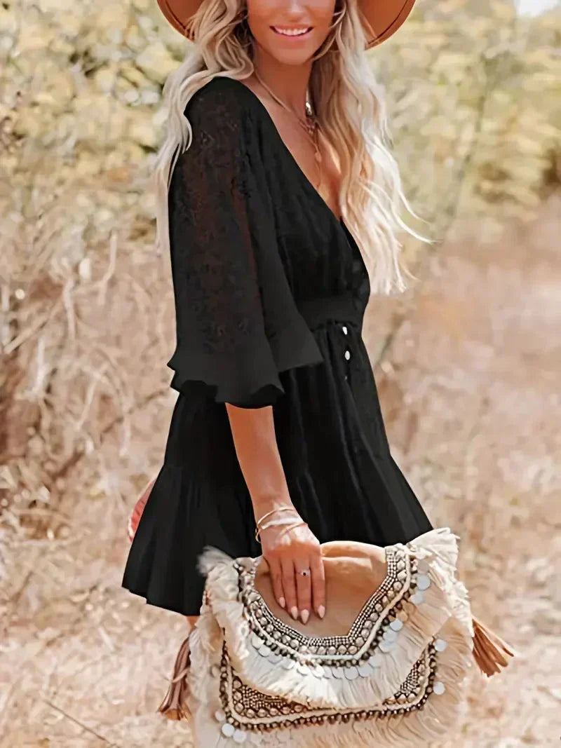 Lace V-Neck Flutter Sleeve Tiered Ruffle Boho Mini Dress - View 13