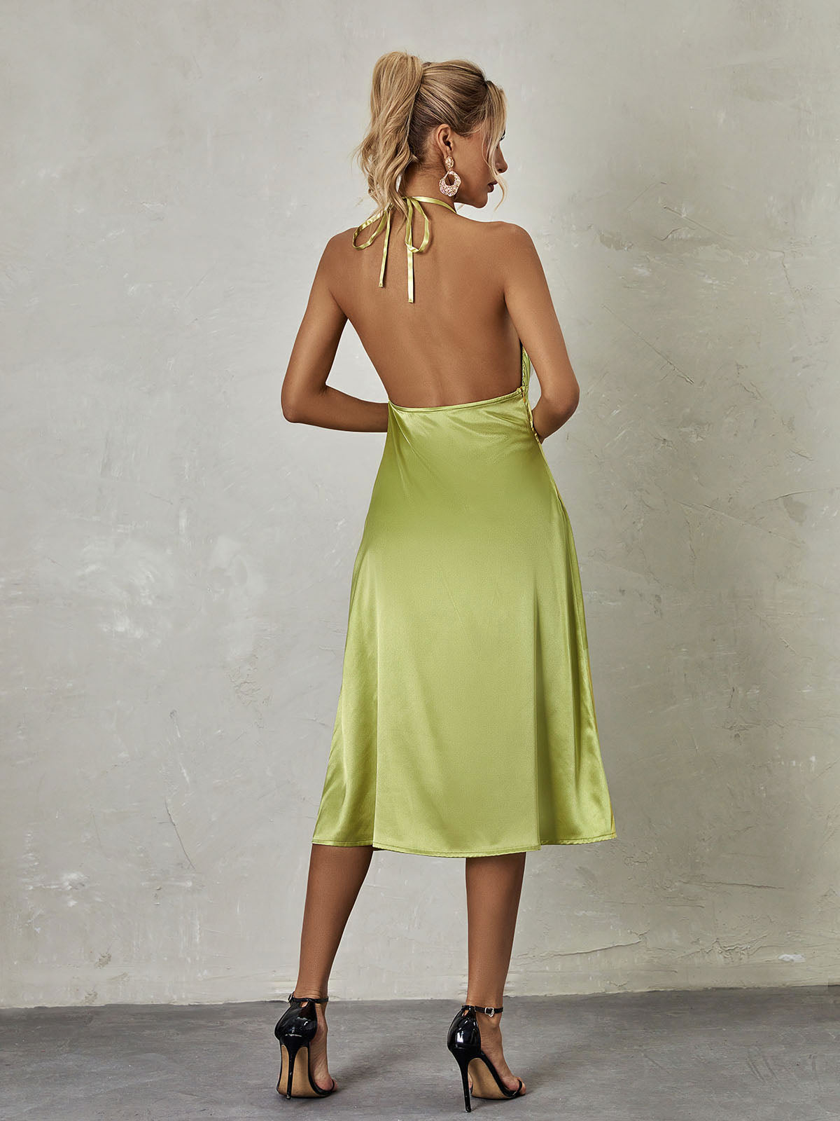 Satin Halter Neck Plunge Backless A-Line Midi Dress - View 5