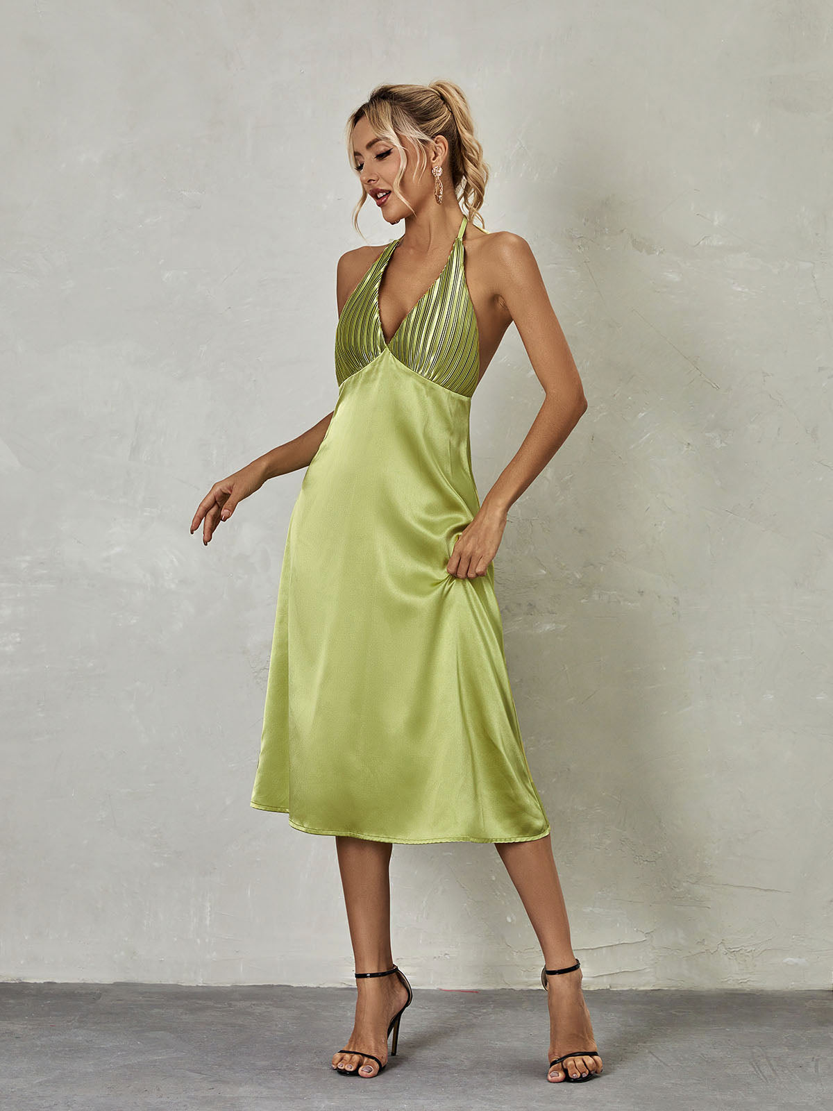 Satin Halter Neck Plunge Backless A-Line Midi Dress - View 3