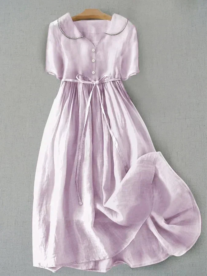 Peter Pan Collar Short Sleeve Tie Waist Midi Dress