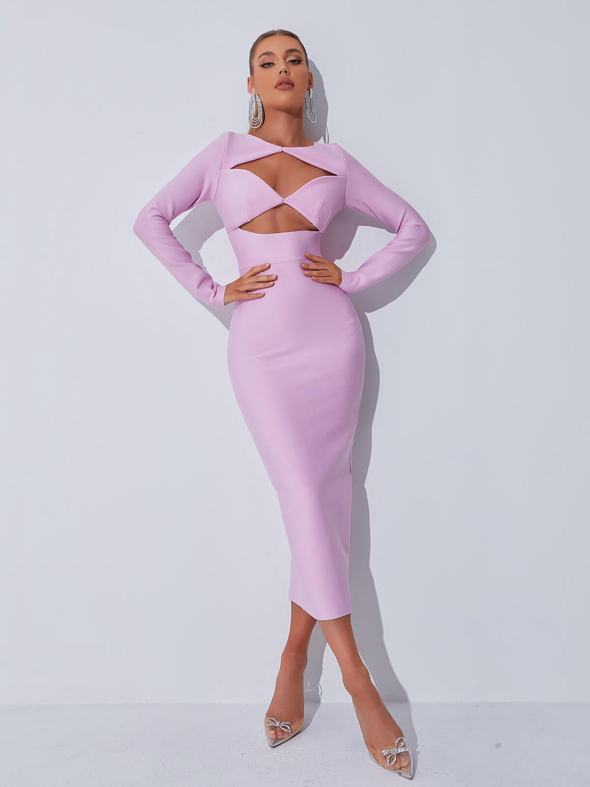 Long Sleeve Twist Cut Out Bandage Bodycon Midi Dress - View 3