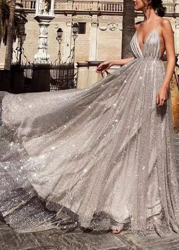 Italian Apricot V Neck Backless Sequins Spaghetti Strap Dress Summer - View 2