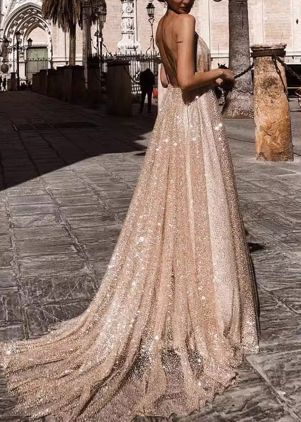 Italian Apricot V Neck Backless Sequins Spaghetti Strap Dress Summer - View 3