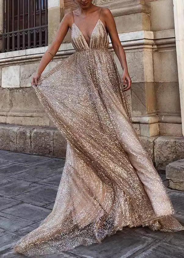 Italian Apricot V Neck Backless Sequins Spaghetti Strap Dress Summer - View 5