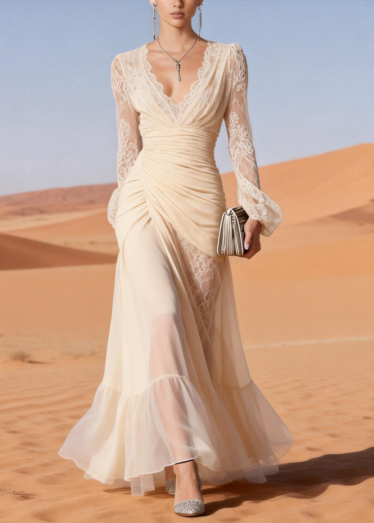 Lace Trim Deep V-Neck Ruched Wrap Long Sleeve Sheer Maxi Gown - View 3