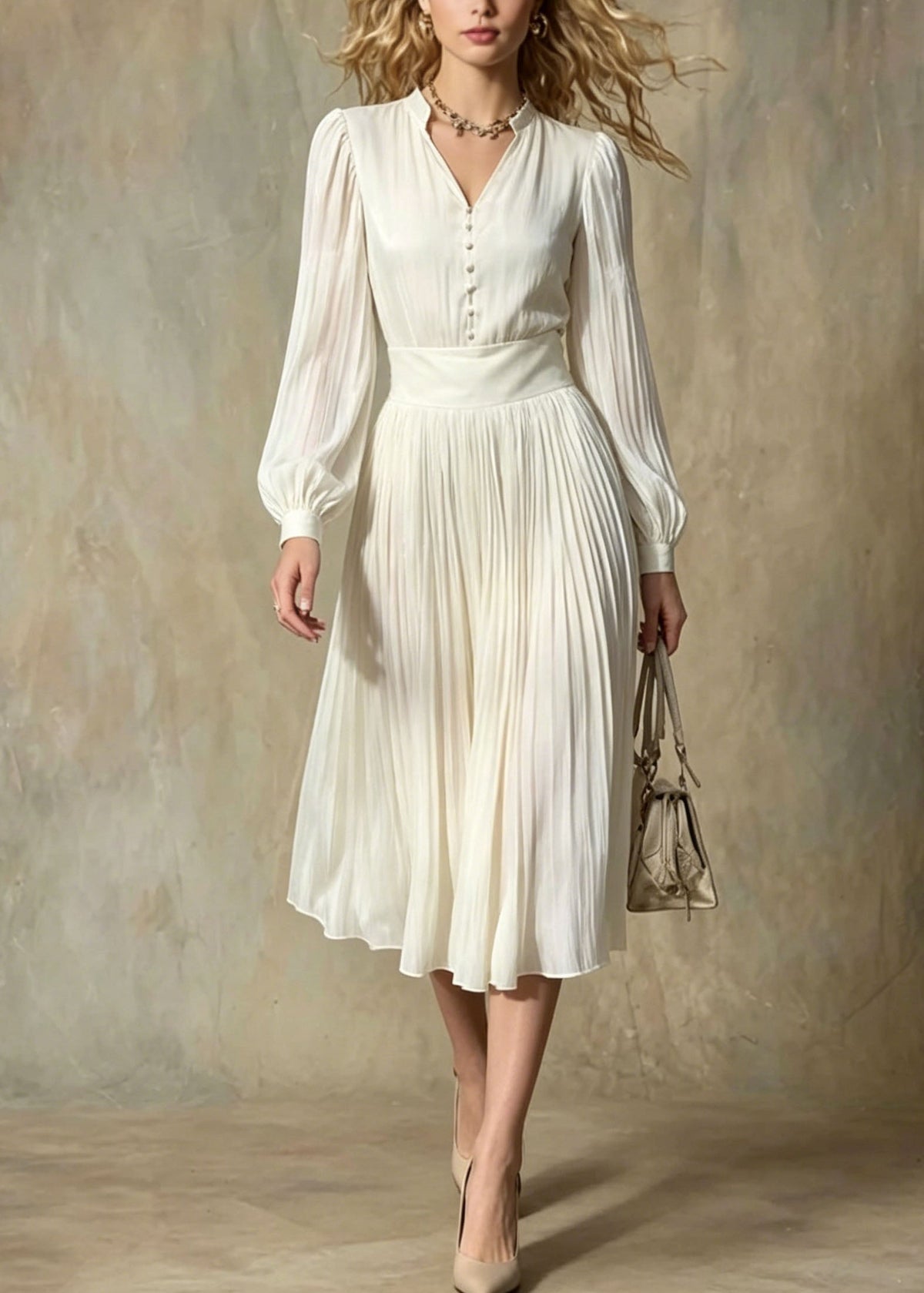 Pleated Chiffon V-Neck Mandarin Collar Button Front Midi Dress - View 3