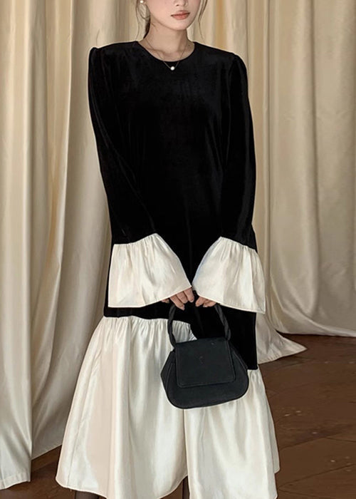Velvet Crew Neck Long Sleeve Contrast Bell Cuff Tiered Midi Dress