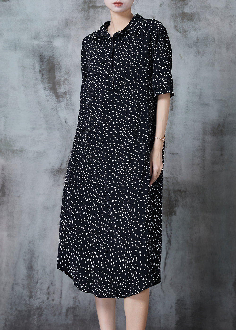 Polka Dot Print Shirt Collar Button Front Elbow Sleeve Midi Dress