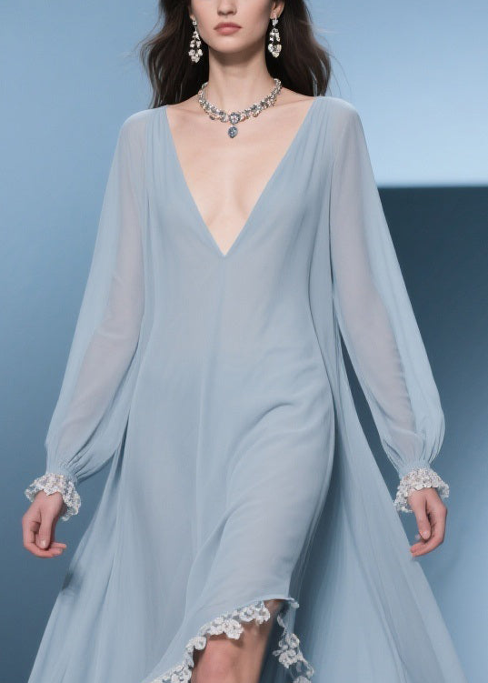 Chiffon Deep V-Neck Bishop Sleeve Lace Trim High Low Maxi Gown - View 2