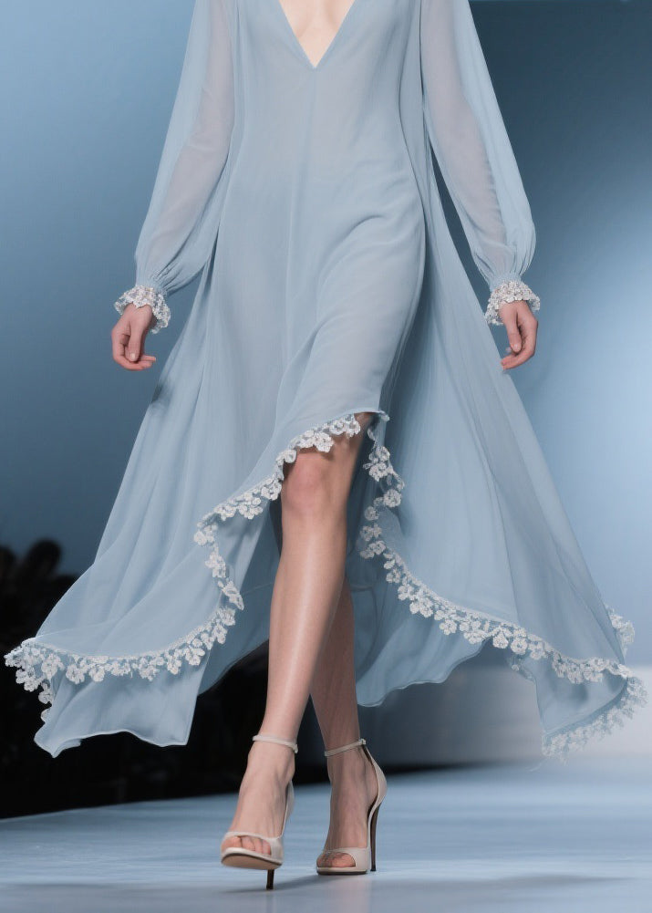 Chiffon Deep V-Neck Bishop Sleeve Lace Trim High Low Maxi Gown - View 4