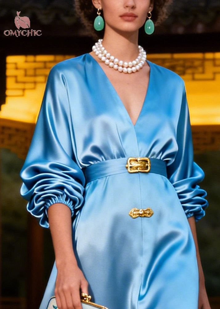 Satin Crane Landscape Print V-Neck Balloon Sleeve Maxi Dress - View 2