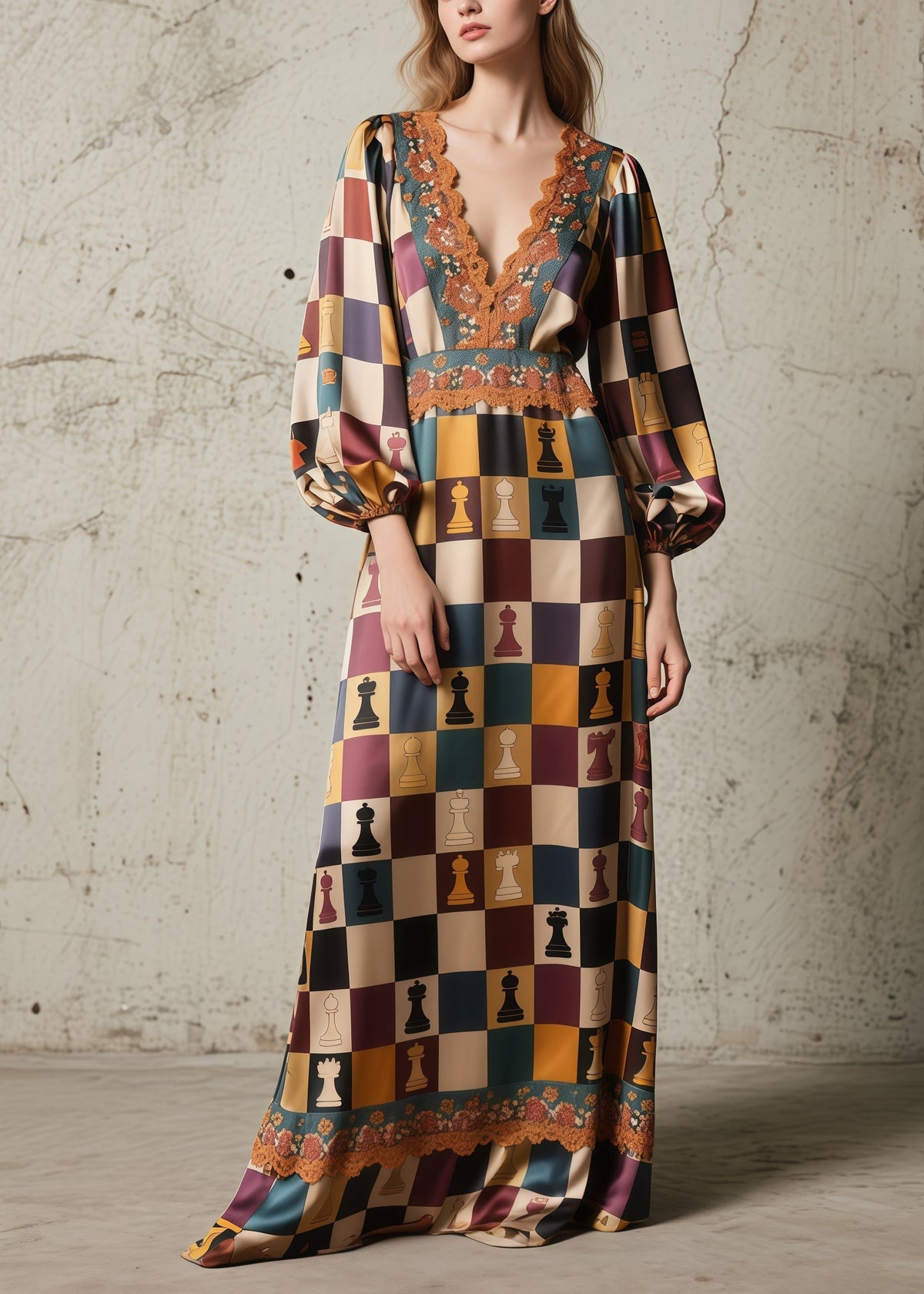 Chess Print Deep V-Neck Bishop Sleeve Lace Trim Empire Waist Maxi Gown - View 5