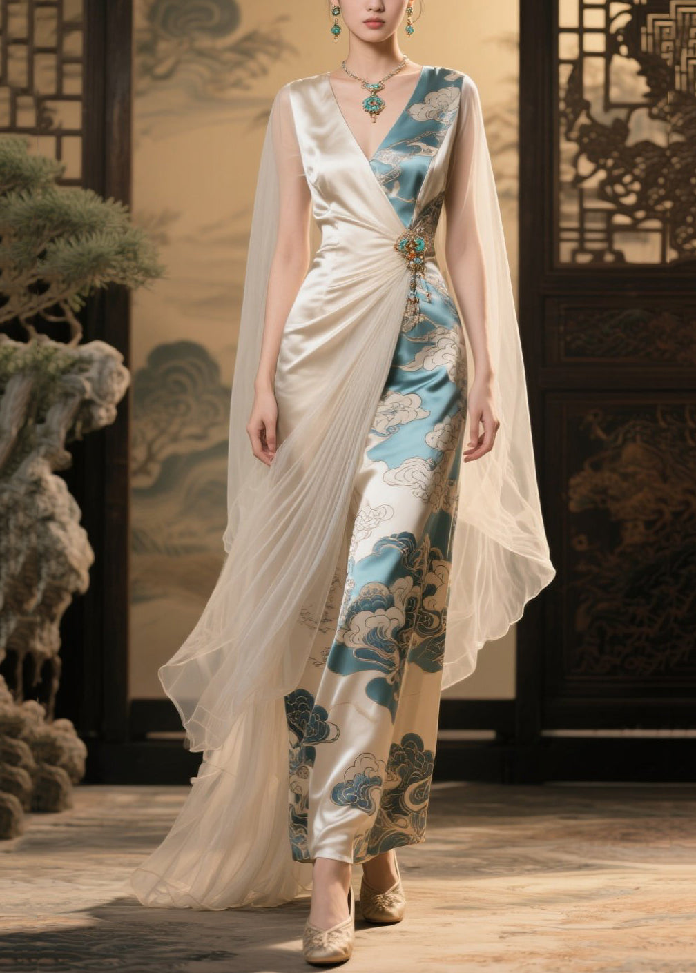 Satin Deep V-Neck Sheer Cape Brooch Drape Asymmetric Maxi Gown