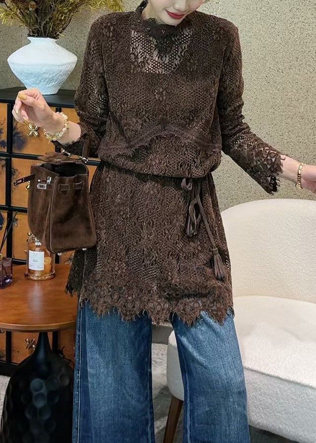 Italian Coffee Hollow Out Tie Waist Lace Mini Dress Fall - View 3