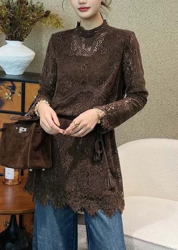 Italian Coffee Hollow Out Tie Waist Lace Mini Dress Fall - View 4